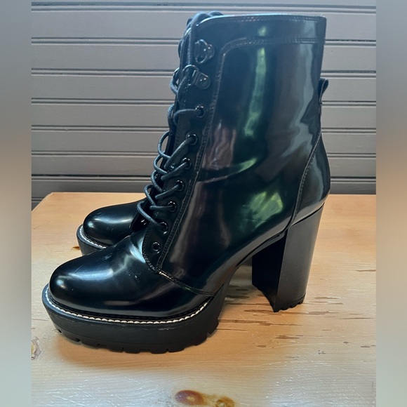 Black Bershka boots Women’s Block Heels Platform Patent Ankle Combat Boots - Picture 5 of 14